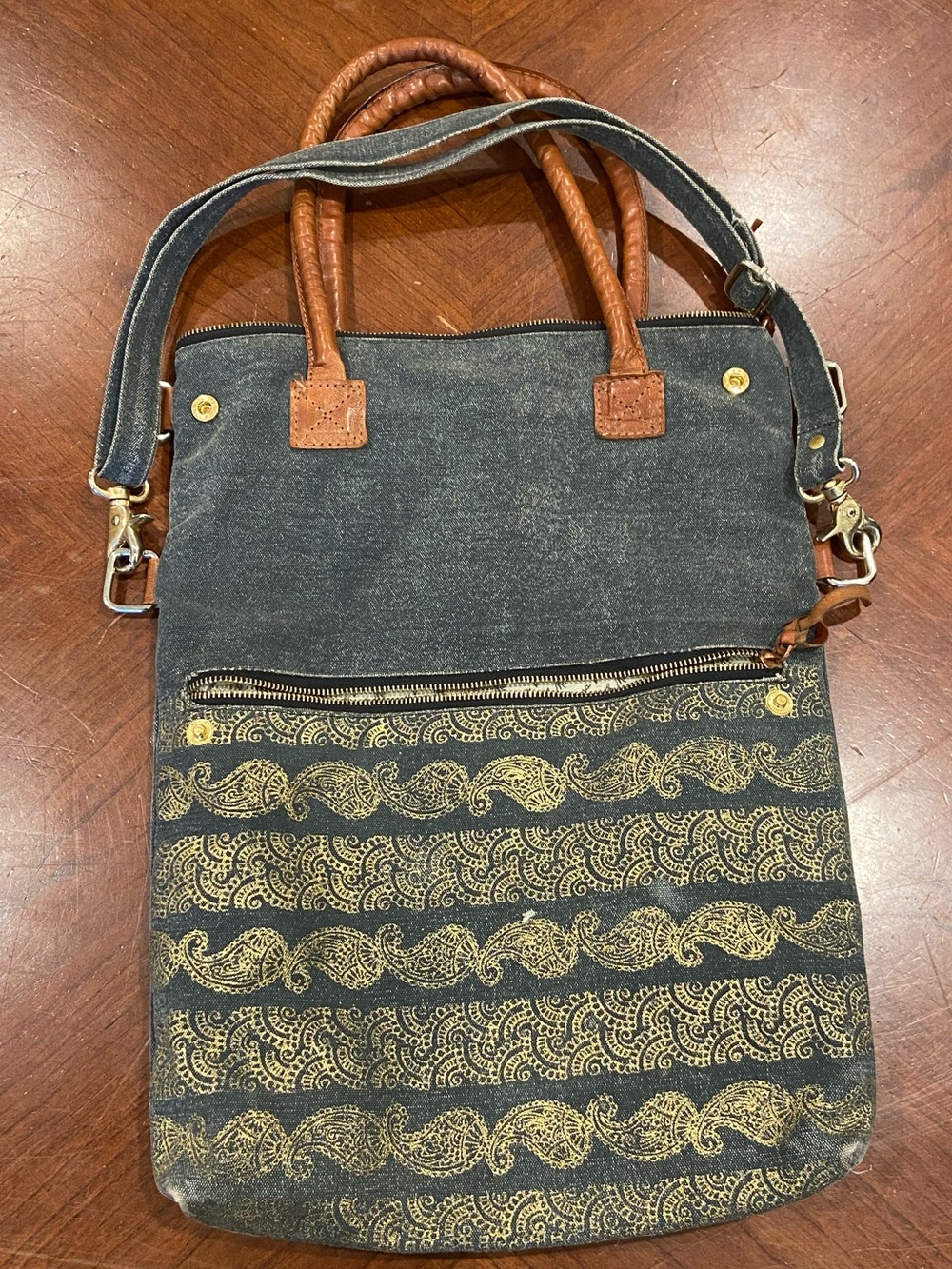 Canvas Tote Bag Paisley Print Genuine Leather Shoulder Bag